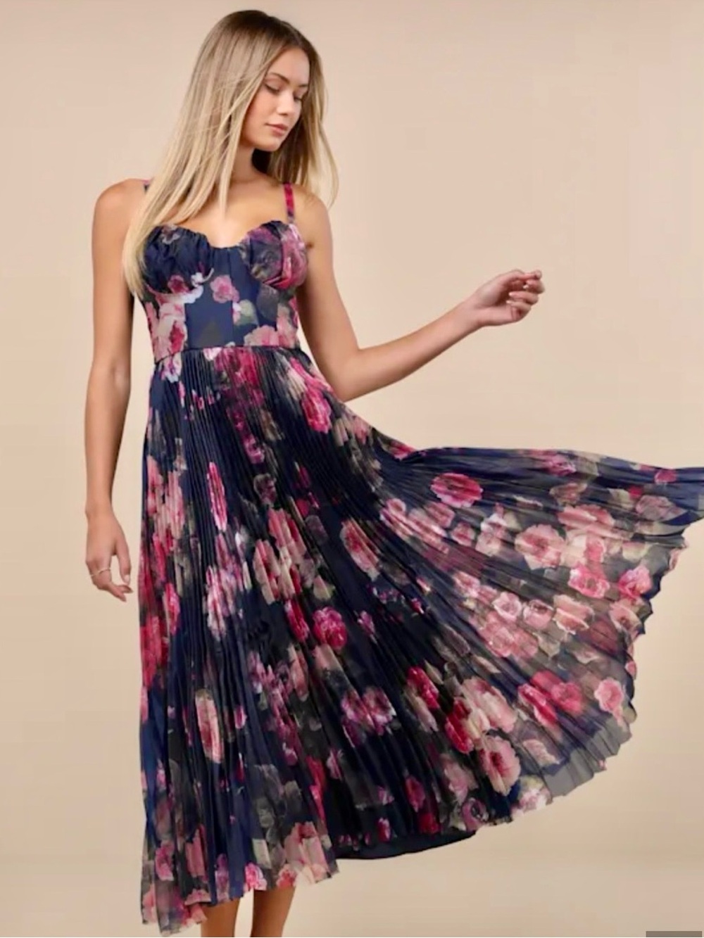LuLus Alluring Invite Midnight Blue Floral Pleated Bustier Midi Dress